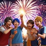 **

A group of Nikke characters celebrating a successful gacha pull, fireworks in the background, with a UI element showcasing SSR character acquisition and a notification for a daily login bonus.

**