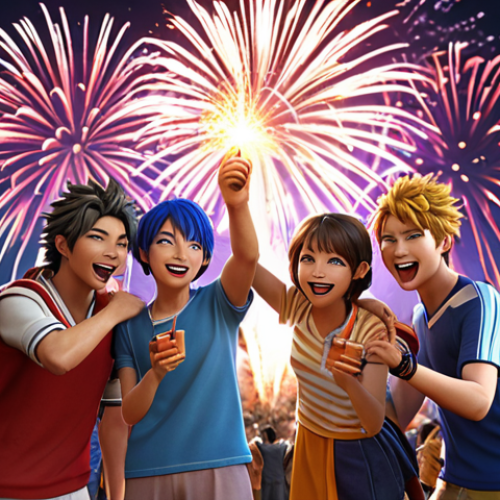 Home 20 **
A group of Nikke characters celebrating a successful gacha pull, fireworks in the background, with a UI element showcasing SSR character acquisition and a notification for a daily login bonus.
**