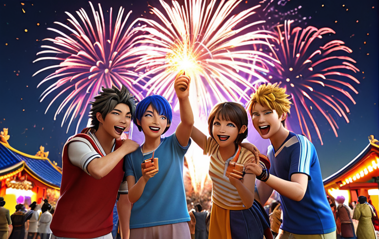 **

A group of Nikke characters celebrating a successful gacha pull, fireworks in the background, with a UI element showcasing SSR character acquisition and a notification for a daily login bonus.

**