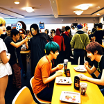 **A bustling Nikke fan cafe filled with enthusiastic patrons. Cosplayers dressed as popular Nikke characters mingle amongst tables displaying fan art and merchandise. The scene should convey a sense of excitement, friendship, and shared passion for the game.**