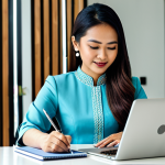 **

A professional Malaysian businesswoman, fully clothed in a modern baju kurung, working on a laptop at a desk in a brightly lit co-working space in Kuala Lumpur, appropriate attire, safe for work, perfect anatomy, natural proportions, professional photography, high quality, family-friendly.

**