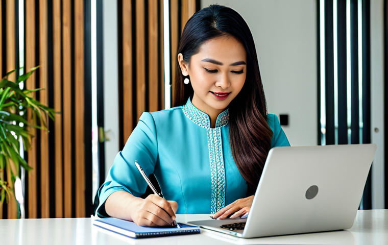 **
A professional Malaysian businesswoman, fully clothed in a modern baju kurung, working on a laptop at a desk in a brightly lit co-working space in Kuala Lumpur, appropriate attire, safe for work, perfect anatomy, natural proportions, professional photography, high quality, family-friendly.
**