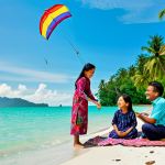 **

"A cheerful Malaysian family enjoying a picnic by the beach in Langkawi, fully clothed in modest clothing. The mother is wearing a baju kurung, the father is in a batik shirt, and the children are playing with a kite. Lush tropical foliage and clear turquoise water in the background. Safe for work, appropriate content, perfect anatomy, natural proportions, professional family portrait, high quality, bright and vibrant colors."

**
