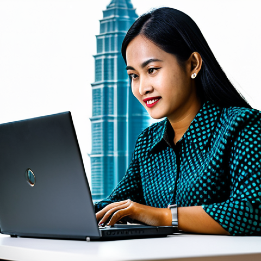 Professional Businesswoman**

A professional businesswoman in a modest batik blouse and a dark-colored skirt, working on a laptop at a desk in a modern Kuala Lumpur office with the Petronas Twin Towers visible in the background, fully clothed, appropriate attire, safe for work, perfect anatomy, natural proportions, professional photography, high quality, family-friendly.

**