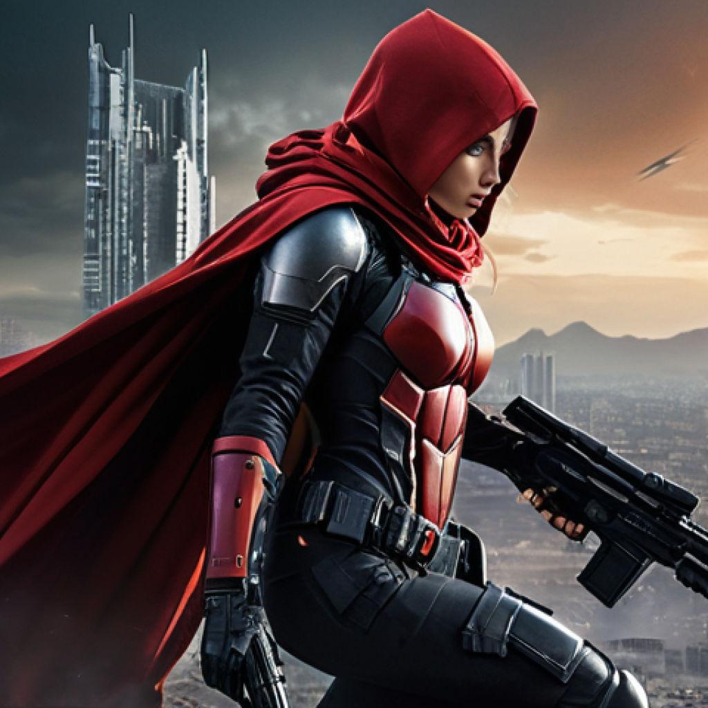 승리의여신 니케 1주년 이벤트 준비 - **Prompt:** A powerful female NIKKE character named Red Hood in a dynamic, action-ready pose. She is...
