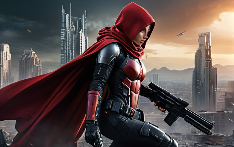 승리의여신 니케 1주년 이벤트 준비 - **Prompt:** A powerful female NIKKE character named Red Hood in a dynamic, action-ready pose. She is...