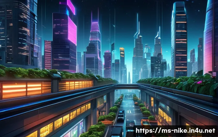 승리의여신 니케 게임 배경 스토리 - A vibrant futuristic cityscape at night, glowing with neon lights and towering skyscrapers, bustling...