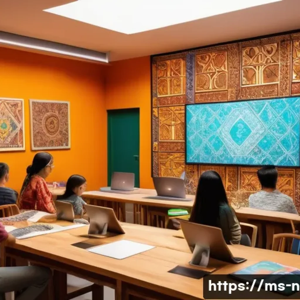 승리의여신 니케 팬이 그린 애니메이션 - A vibrant digital art workshop scene set in a cozy Malaysian-style room with traditional batik patte...