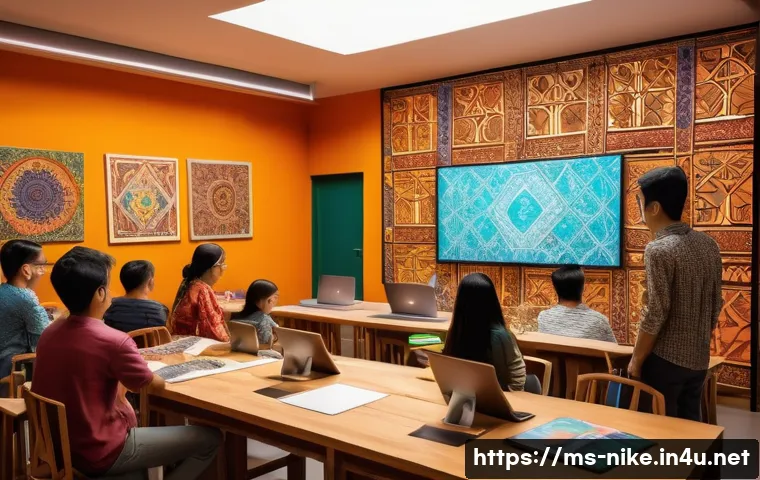 승리의여신 니케 팬이 그린 애니메이션 - A vibrant digital art workshop scene set in a cozy Malaysian-style room with traditional batik patte...