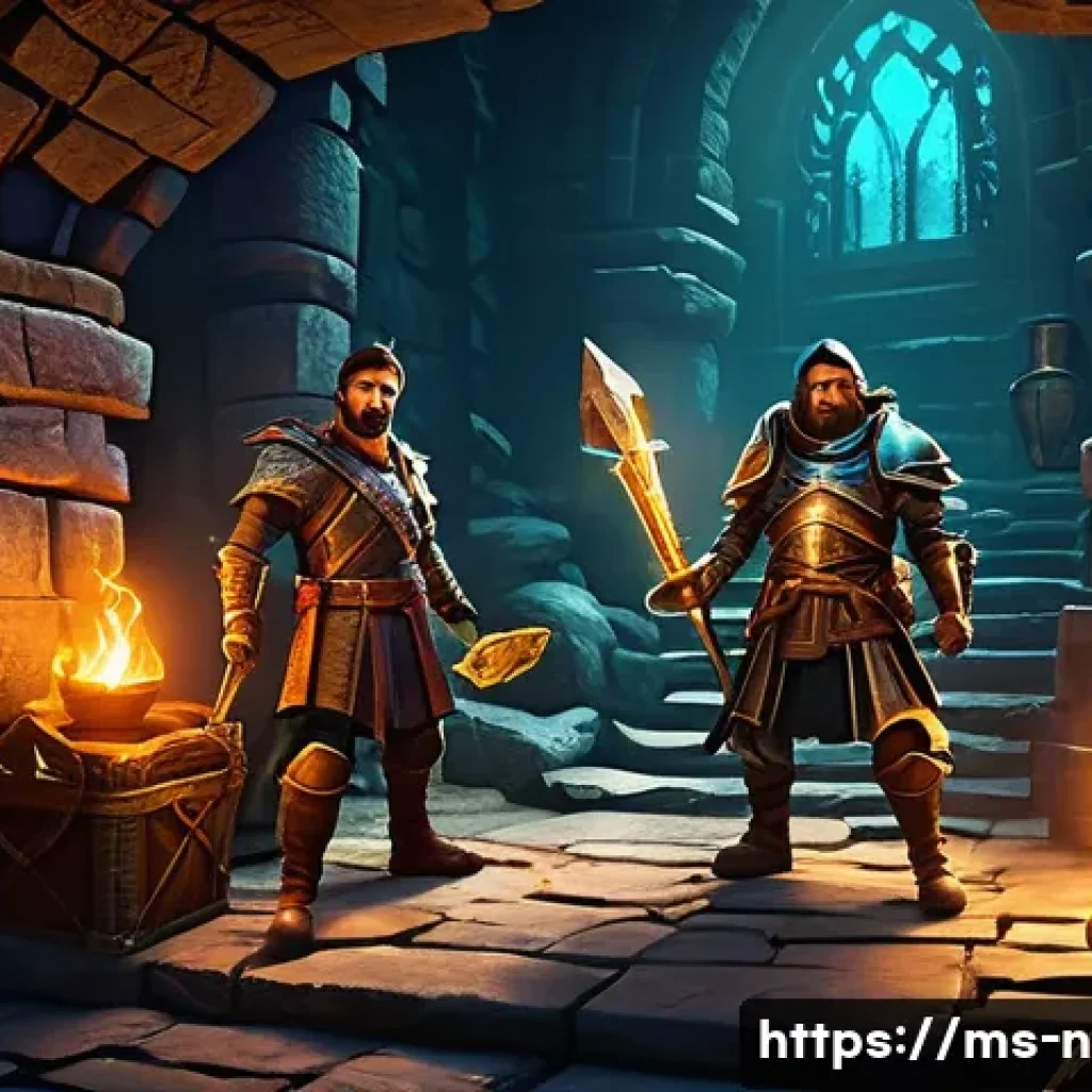 승리의여신 니케 희귀 아이템 자랑하기 - A dynamic fantasy dungeon scene featuring a brave adventurer team exploring a high-level dungeon fil...
