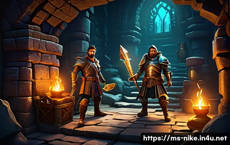 승리의여신 니케 희귀 아이템 자랑하기 - A dynamic fantasy dungeon scene featuring a brave adventurer team exploring a high-level dungeon fil...