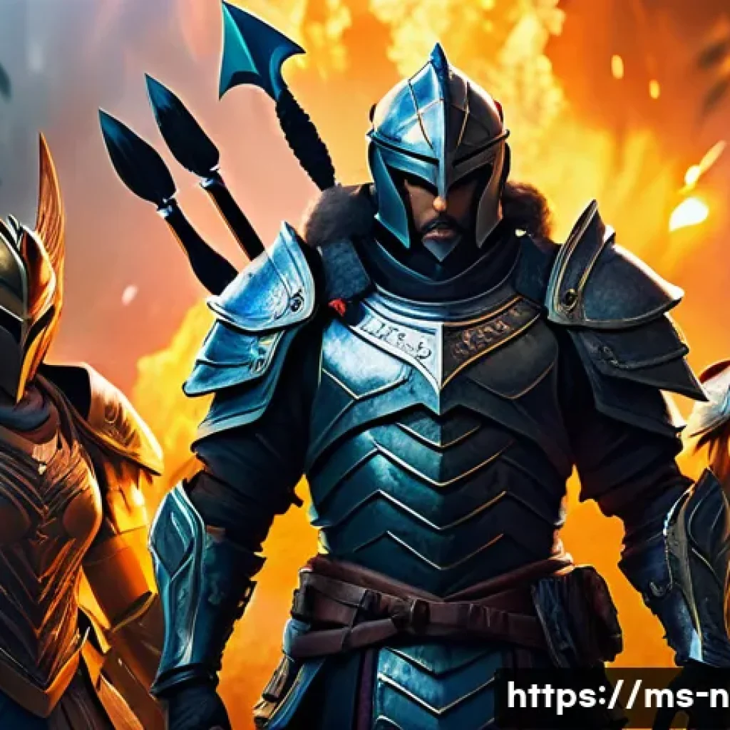 승리의여신 니케 파티 공격력 상승 비결 - A dynamic battle scene featuring a diverse team of fantasy warriors in detailed armor and tactical g...