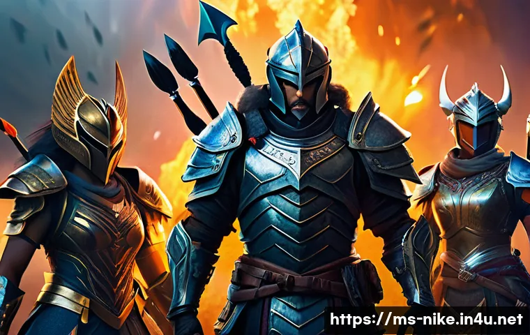 승리의여신 니케 파티 공격력 상승 비결 - A dynamic battle scene featuring a diverse team of fantasy warriors in detailed armor and tactical g...