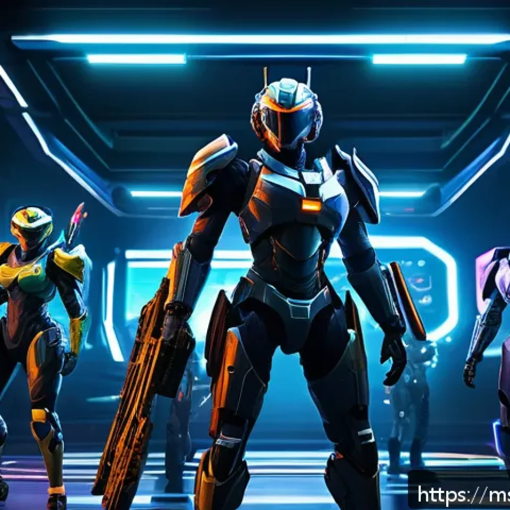 승리의여신 니케 아이템 판매 루트 - A dynamic battle scene inside a futuristic sci-fi game arena, featuring a diverse team of armored fe...