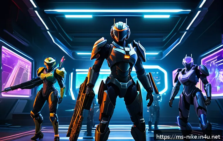 승리의여신 니케 아이템 판매 루트 - A dynamic battle scene inside a futuristic sci-fi game arena, featuring a diverse team of armored fe...