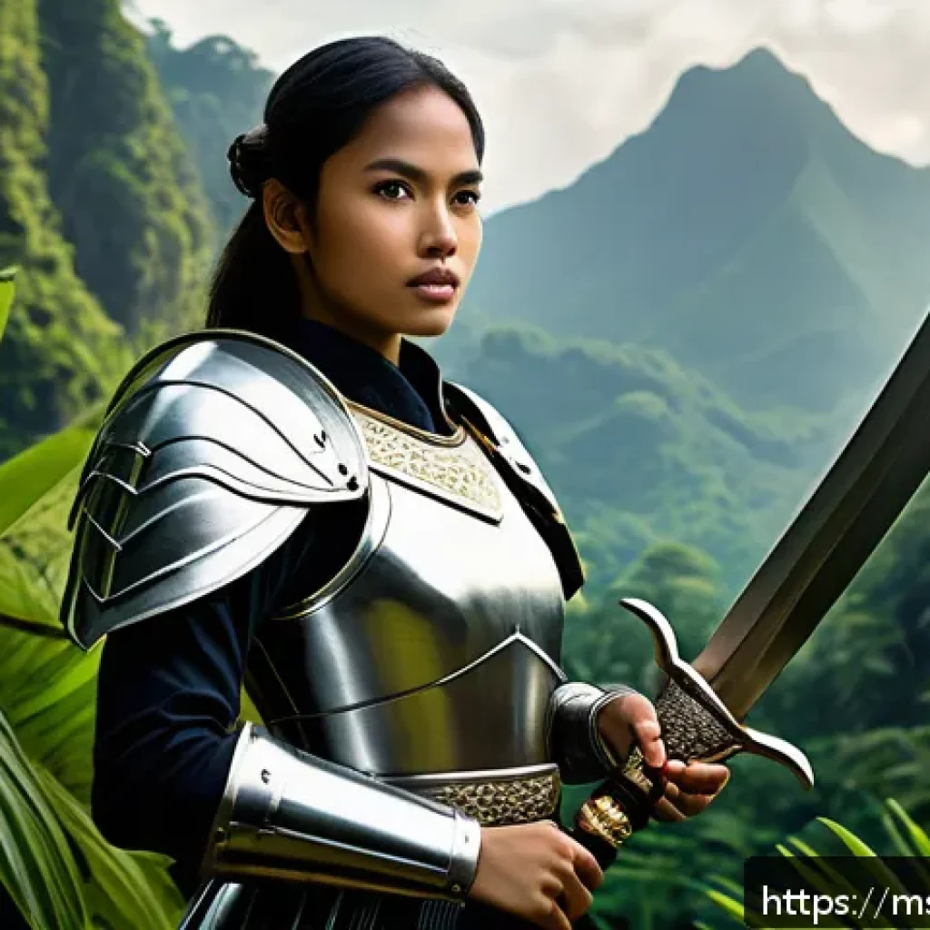 승리의여신 니케 초보자 장비 추천 - A dynamic scene featuring a young Malay warrior woman in lightweight armor designed for high mobilit...