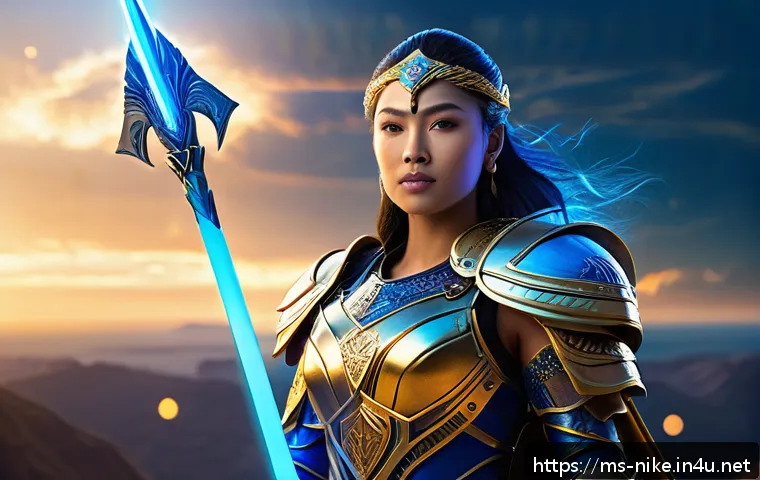 승리의여신 니케 신규 아이템 출시 루머 - A dynamic digital illustration of Victory Goddess Nike, depicted as a powerful female warrior wearin...
