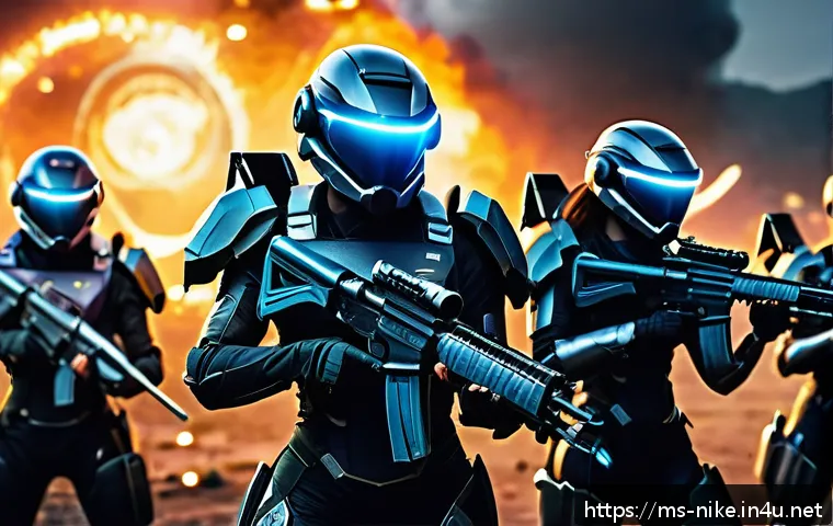 승리의여신 니케 최적의 파밍 경로 - A dynamic and vibrant digital illustration of a futuristic female warrior team in a high-tech campai...