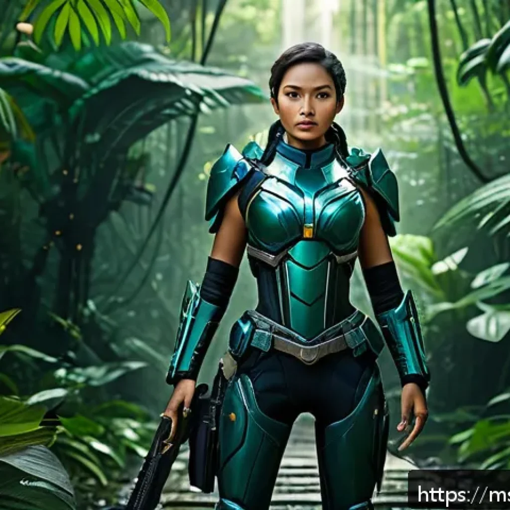 승리의여신 니케 유료 회원제 소개 - A vibrant, dynamic scene of a female warrior hero from Victory Goddess Nikke, clad in futuristic, hi...