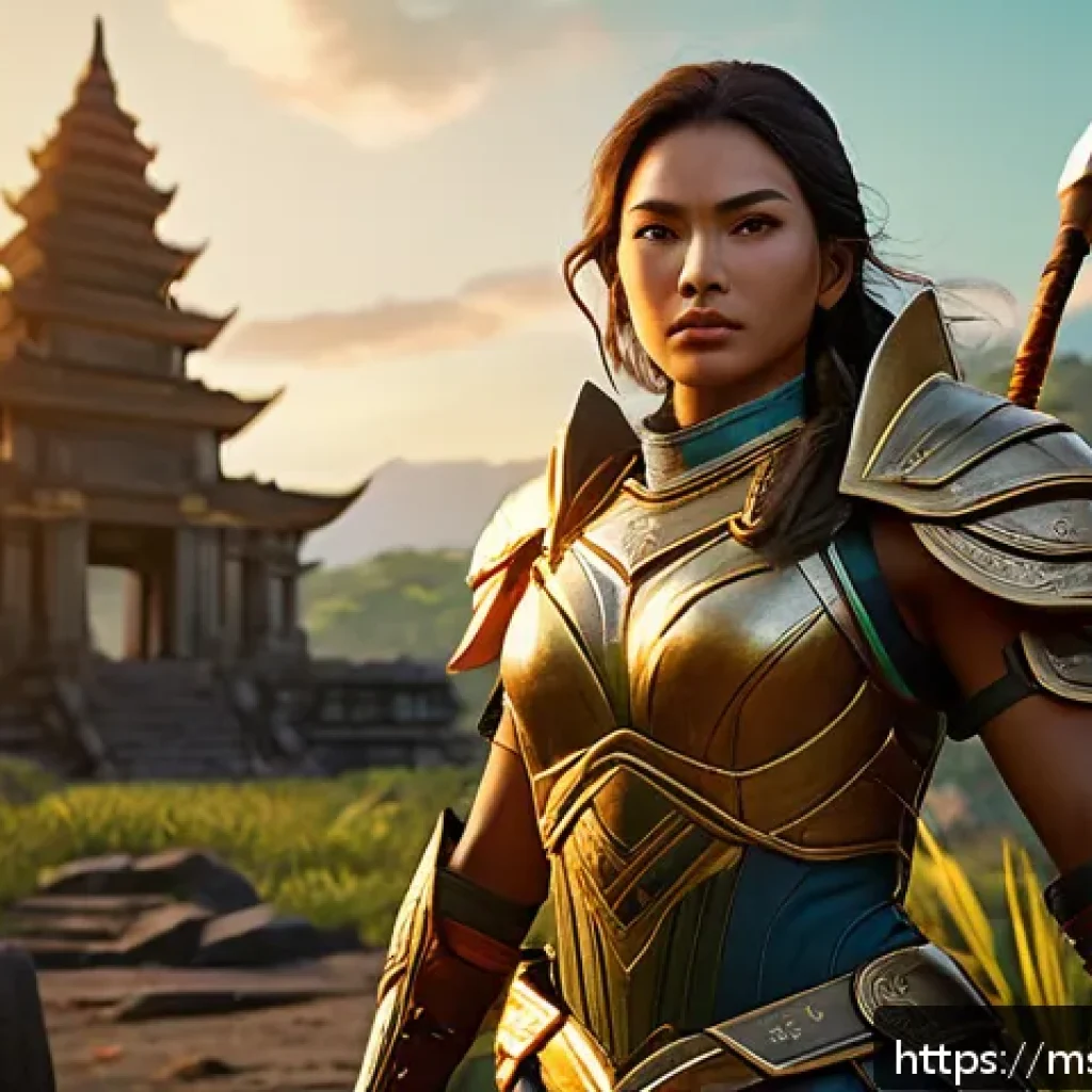 승리의여신 니케 게임 필수 설정 팁 - A dynamic scene from a fantasy mobile game featuring a heroic female warrior in detailed armor stand...