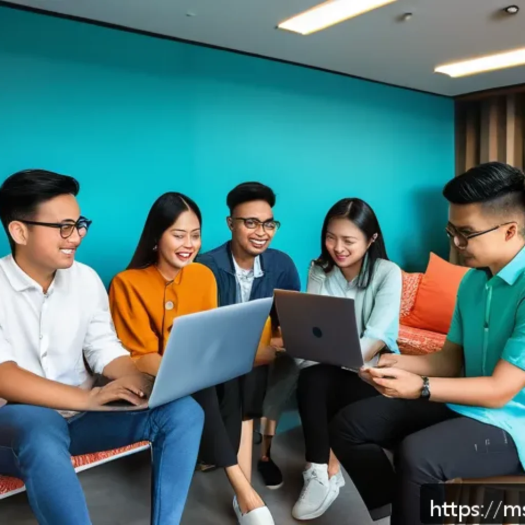 승리의여신 니케 커뮤니티 콘텐츠 제작법 - A vibrant digital community meeting scene set in a modern Malaysian coworking space, featuring diver...