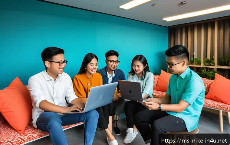 승리의여신 니케 커뮤니티 콘텐츠 제작법 - A vibrant digital community meeting scene set in a modern Malaysian coworking space, featuring diver...