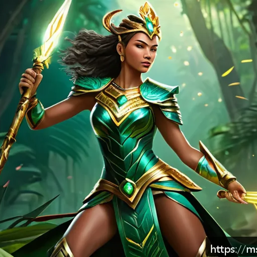 승리의여신 니케 신규 업데이트 리소스 - A dynamic digital painting of Victory Goddess Nike in a vibrant Malaysian jungle battlefield setting...