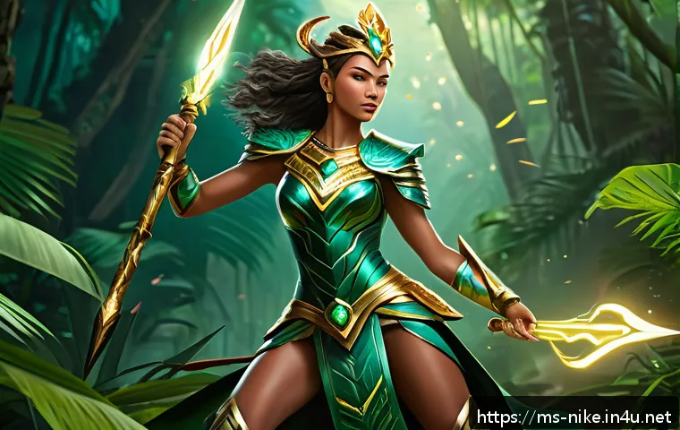 승리의여신 니케 신규 업데이트 리소스 - A dynamic digital painting of Victory Goddess Nike in a vibrant Malaysian jungle battlefield setting...