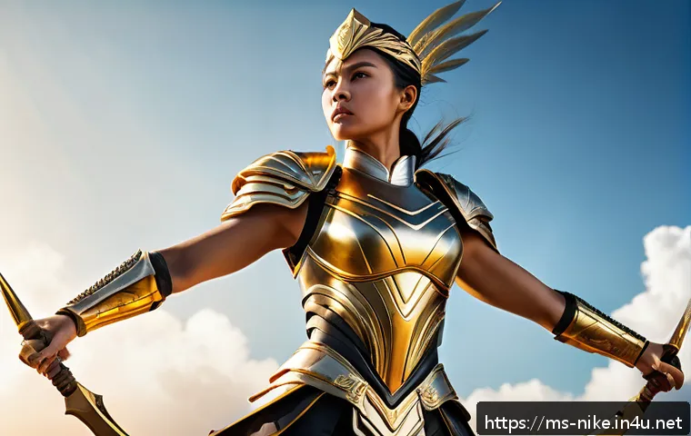 승리의여신 니케 출시 전 플레이 후기 - A dynamic and powerful female warrior character inspired by the Victory Goddess Nike, wearing sleek,...