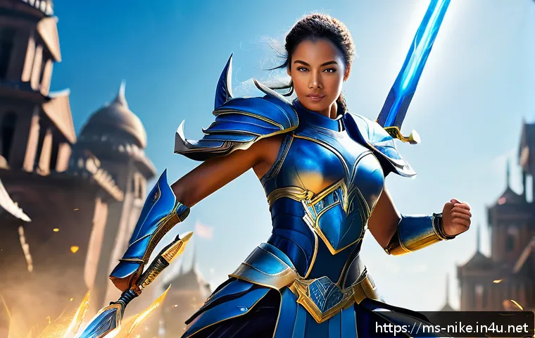 승리의여신 니케 업데이트 내용 정리 - A dynamic battle scene featuring the Victory Goddess Nike hero in sleek, fantasy armor with glowing ...