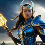 승리의여신 니케 데미지 계산법 - A detailed digital painting of Victory Goddess Nike in dynamic battle stance, wearing intricately de...