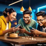 승리의여신 니케 친구 초대 보상 - A vibrant digital illustration of a diverse group of Malaysian gamers, each wearing stylish casual c...