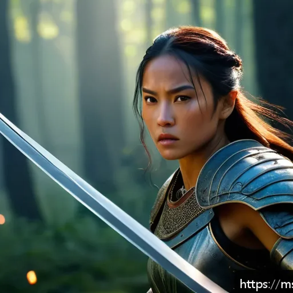 승리의여신 니케 리메이크 요청 사항 - A dynamic fantasy battle scene in a lush, detailed 3D environment showcasing a female warrior clad i...