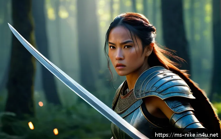승리의여신 니케 리메이크 요청 사항 - A dynamic fantasy battle scene in a lush, detailed 3D environment showcasing a female warrior clad i...