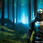 승리의여신 니케 세트 아이템 드랍처 - A dynamic fantasy scene inside the "Dark Forest" at night, featuring a brave armored warrior wearing...