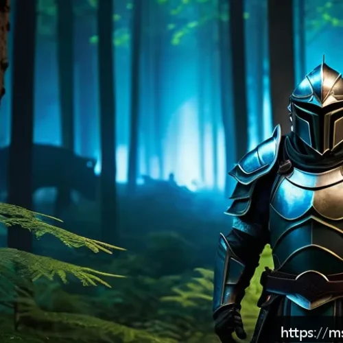 승리의여신 니케 세트 아이템 드랍처 - A dynamic fantasy scene inside the "Dark Forest" at night, featuring a brave armored warrior wearing...