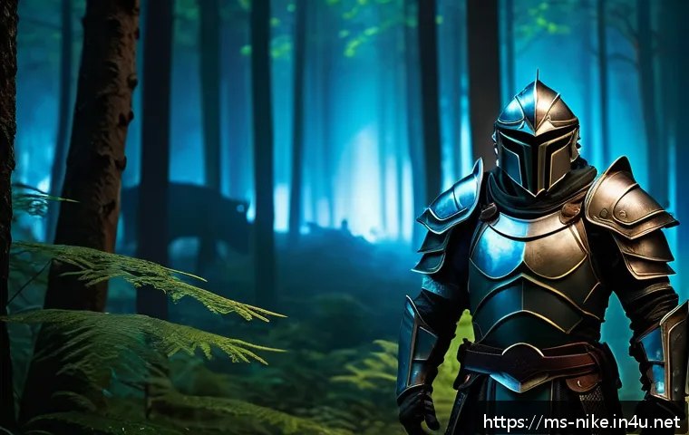 승리의여신 니케 세트 아이템 드랍처 - A dynamic fantasy scene inside the "Dark Forest" at night, featuring a brave armored warrior wearing...