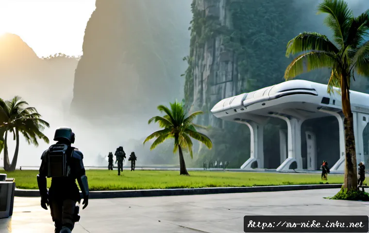 승리의여신 니케 신규 지역 배경 - Photorealistic futuristic tropical coastal city district at dawn, towering weathered concrete shelte...