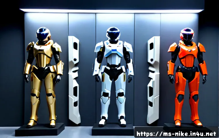 Home 31 승리의여신 니케 장비 등급별 특성 - Photorealistic sci-fi equipment tier comparison, five neatly arranged futuristic tactical armor sets...