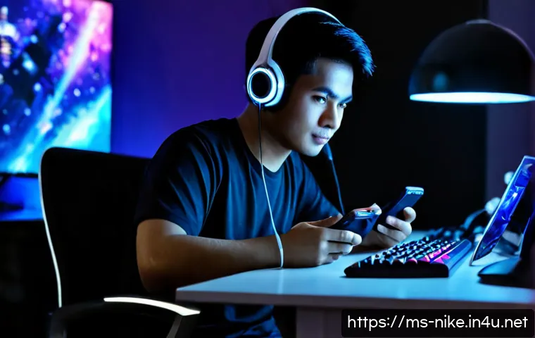 승리의여신 니케 신규 캐릭터 예상 - Photorealistic Malaysian mobile gamer at a clean modern desk in Kuala Lumpur at night, studying a fu...