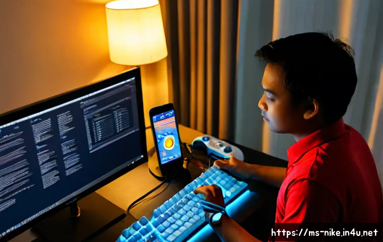 승리의여신 니케 게임 클라이언트 설치 오류 해결 - Photorealistic Malaysian young adult at a tidy home desk troubleshooting a game installation on a de...